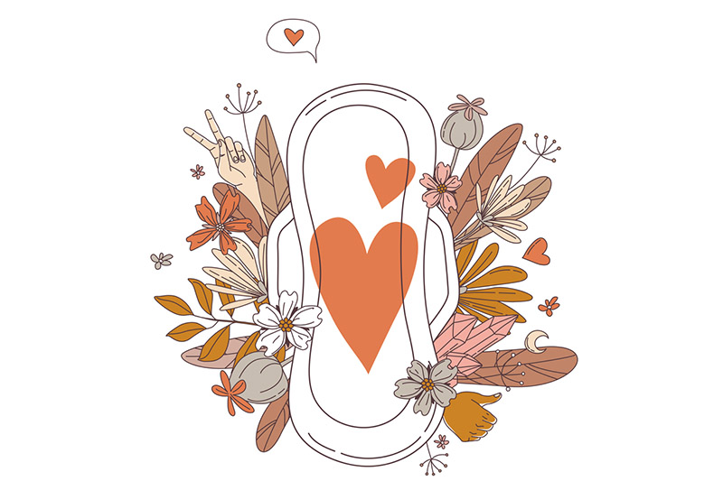 Ilustração de absorvente menstrual com corações vermelhos e flores ao redor