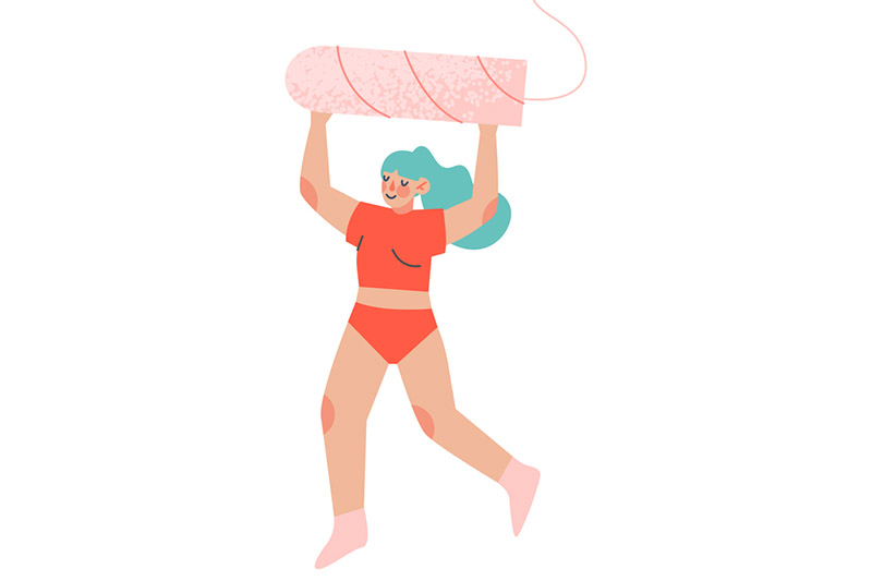 Ilustração de garota segurando um absorvente interno com as mãos no alto da cabeça. Ela tem cabelo azul, veste top e calcinha vermelhos.