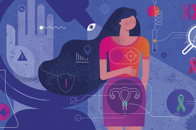 Ilustração de mulher para artigo sobre alteração hormonal e ícone de microscópio ao fundo