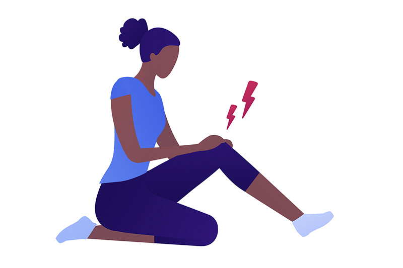 Ilustração de mulher com dor nas pernas, um dos sintomas da trombose