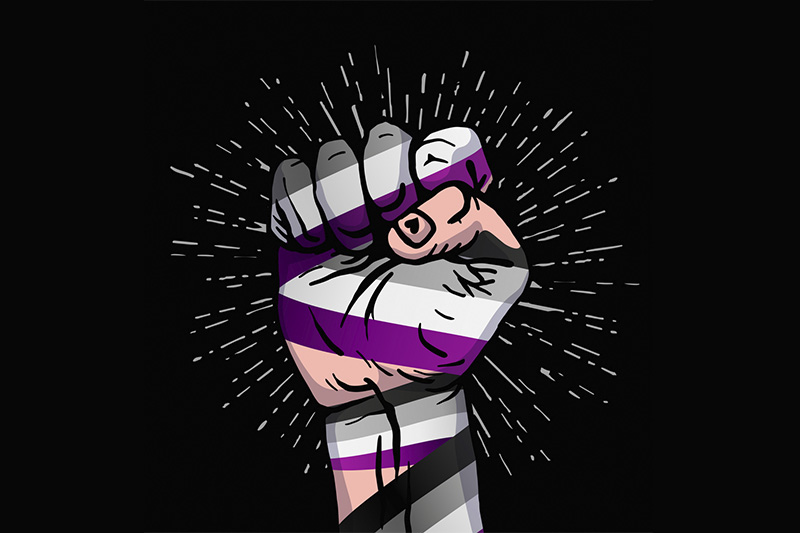 Ilustração de mão fechada, símbolo de luta, nas cores da bandeira que representa pessoas assexuais, roxo, cinza, branco e preto