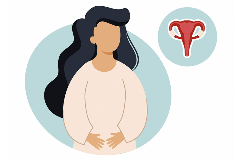Ilustração de mulher com as mãos na região pélvica e ícone de útero