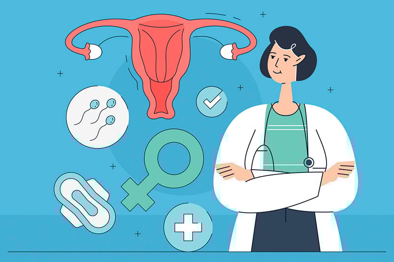 Ilustração de médica ginecologista. Ao lado dela desenhos de útero, absorvente menstrual, espermatozoides e o símbolo do sexo feminino