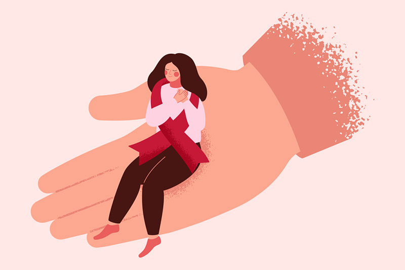 Ilustração de mulher com símbolo da campanha dezembro vermelho. Ela está sentada sobre uma mão. 