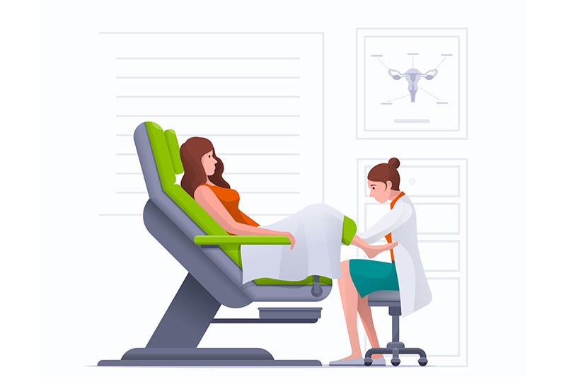 desenho de uma mulher e sua ginecologista em um consultório