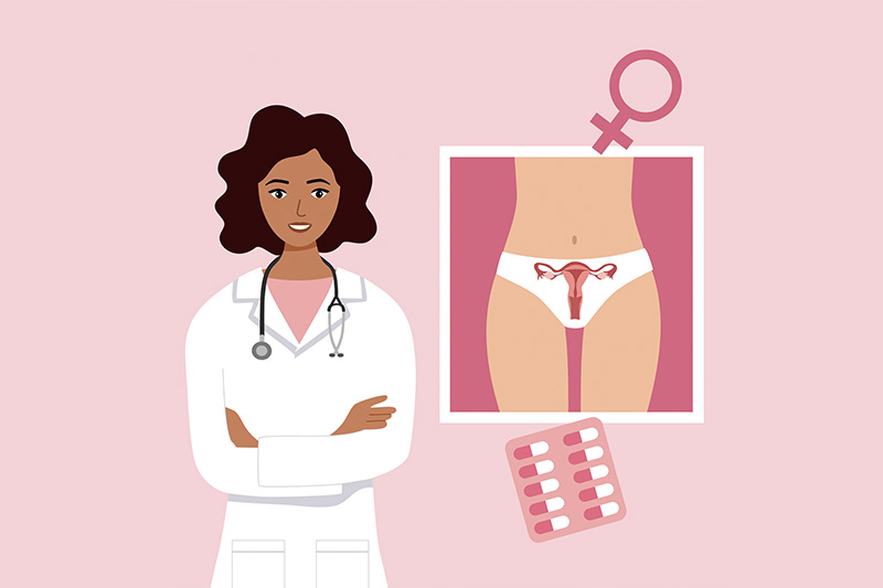 Ilustração de médica usando jaleco, cabelos escuros na altura do ombro e braços cruzados. Ao seu lado, ilustração de útero em corpo feminino, para artigo sobre o que é estrogênio