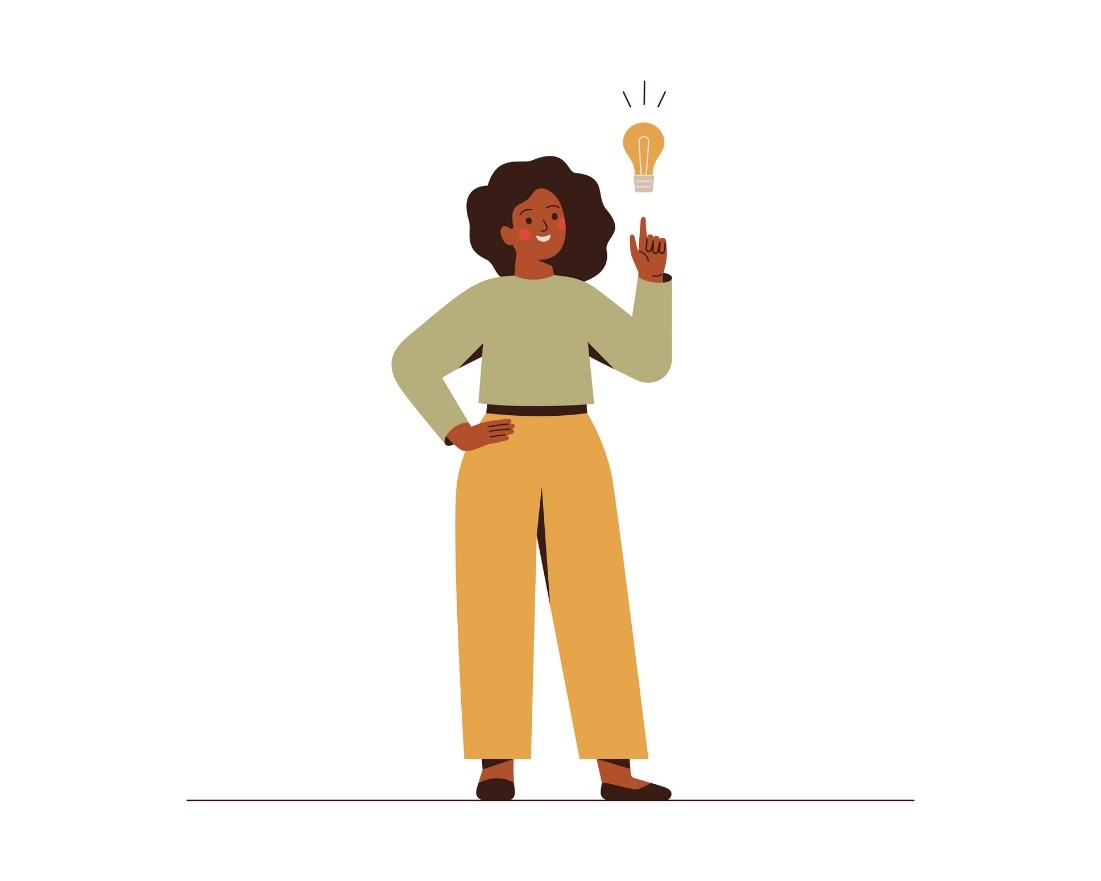desenho de uma menina ao lado de uma lâmpada de ideia