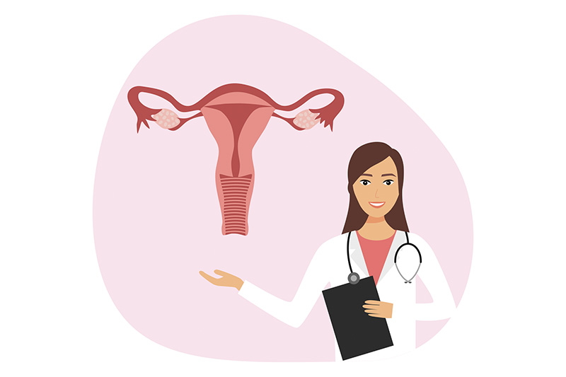 Ilustração de médica usando avental, prancheta e estetoscópio. Ao seu lado ícone de útero