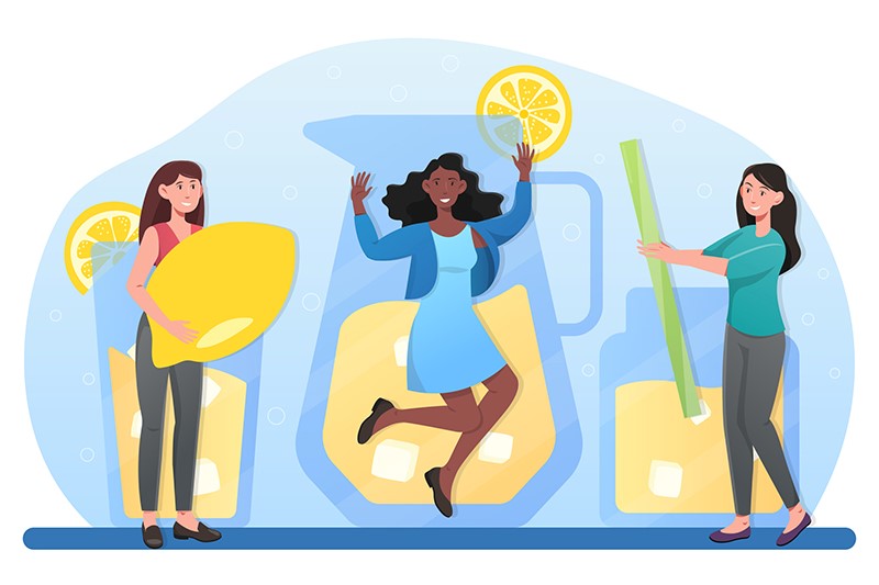 desenho de três meninas interagindo com um limão, uma jarra de suco e um canudo