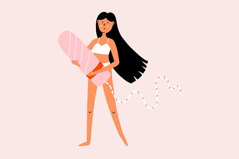 Ilustração de menina segurando absorvente interno. Ela tem cabelos longos pretos e veste roupa íntima branca