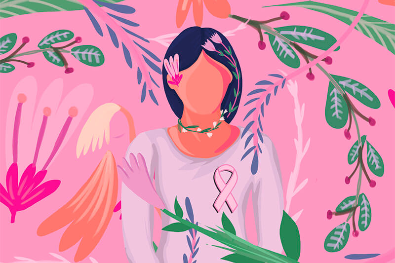 Ilustração de mulher com cabelos escuros, sem rosto, e flores coloridas ao redor