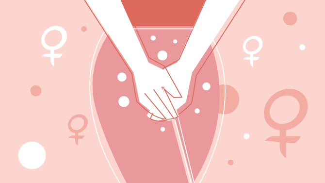 desenho da parte do quadril de uma mulher, ao lado de símbolos femininos