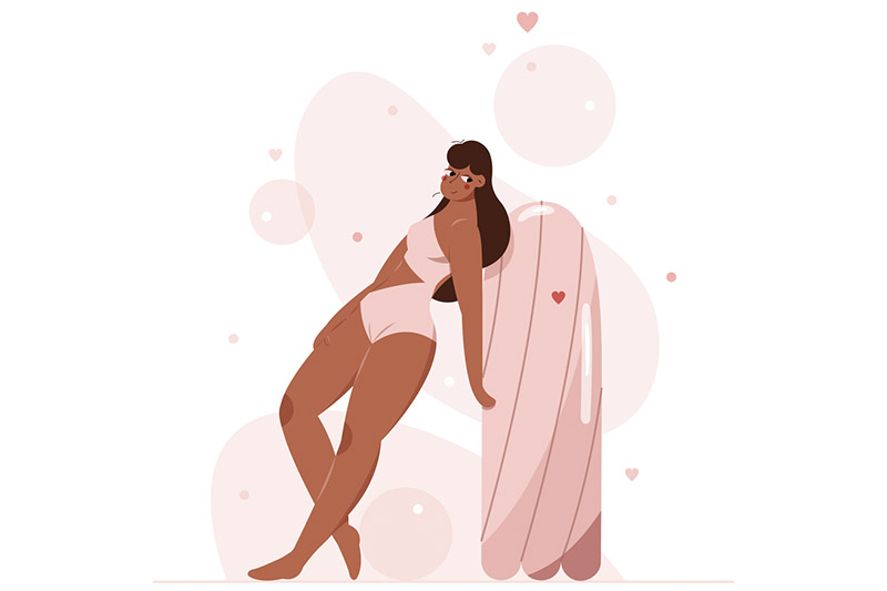 Ilustração de mulher de cabelos longos encostada em um absorvente interno