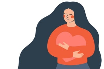 Ilustração de mãos segurando um coração vermelho em fundo azul e branco, para artigo que mostra que pode doar sangue menstruada