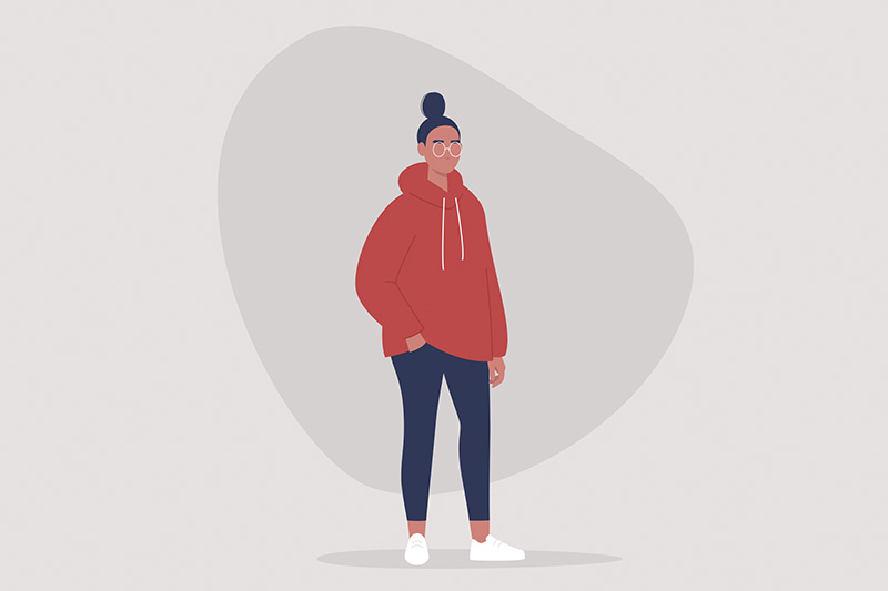 Ilustração de mulher em pé de cabelos presos em coque e óculos. Ela veste moletom vermelho e calça justa escura