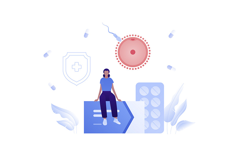 Ilustração de mulher sentada com ícone de pílula anticoncepcional e óvulo sendo fecundado por espermatozoide 