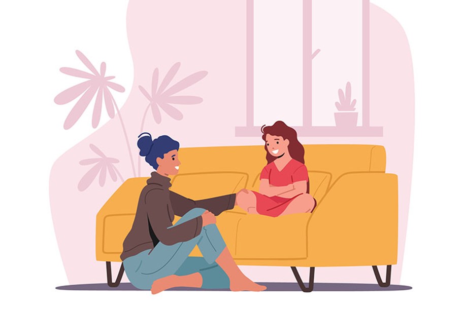 desenho de uma mulher sentada no chão conversando com uma menina que está sentada no sofá