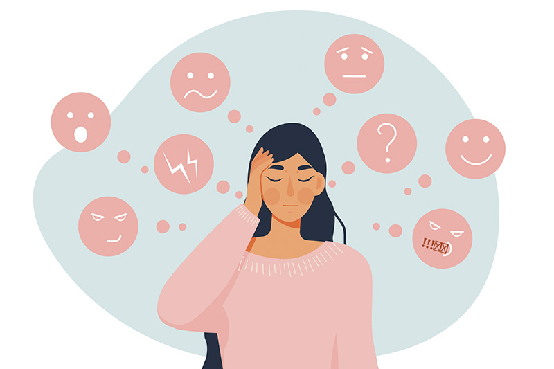 TPM pode ser sintoma após parar de tomar anticoncepcional. Ilustração de mulher de com mão na cabeça e ícones de sentimentos ao redor