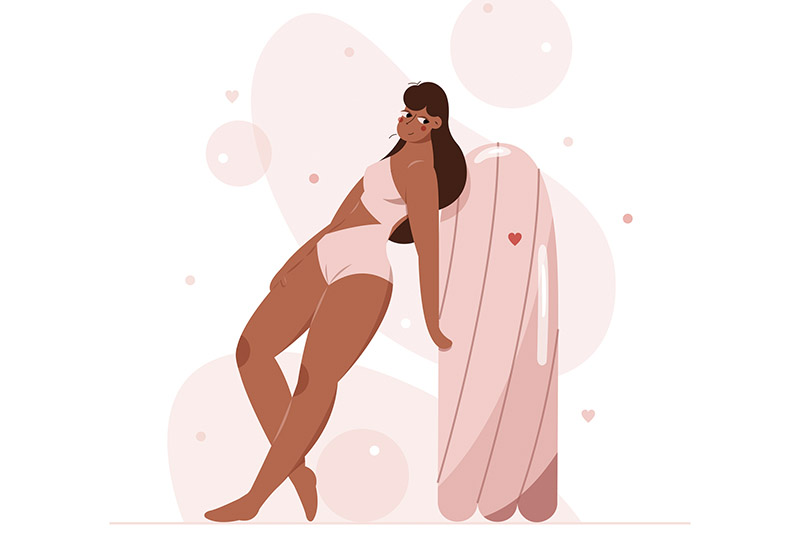 Ilustração de mulher encostada em absorvente interno para ilustrar artigo sobre teste do cotonete para saber se a menstruação vai descer
