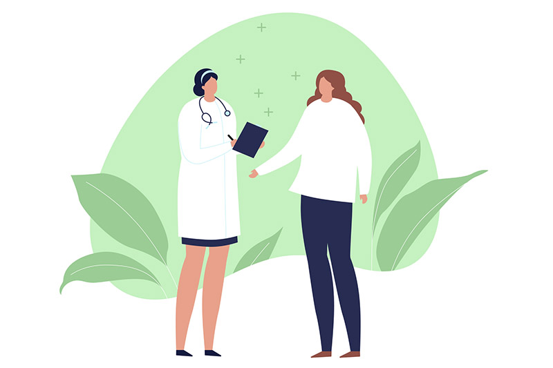 Ilustração de médica e paciente para artigo sobre vulvoscopia